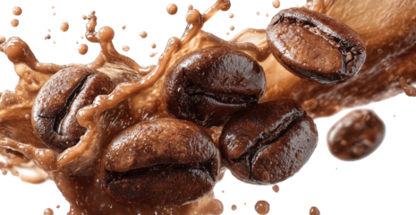 Roasted coffee beans splash into liquid, dynamic and rich