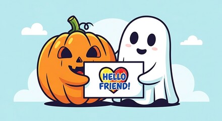 Cartoon halloween pumpkin and ghost holding hello friend sign vector
