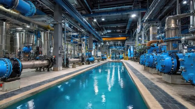 An industrial interior shows a long pool between industrial machines and blue pipes