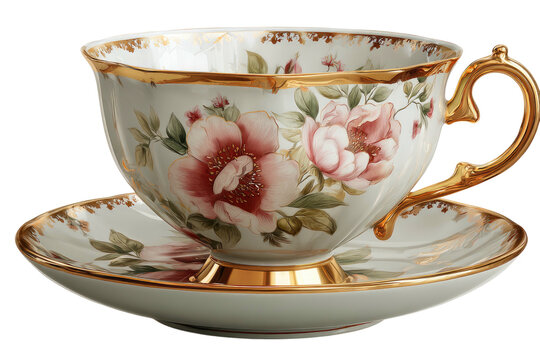 Elegant porcelain teacup and saucer adorned with delicate pink floral designs and gold trim