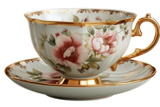 Elegant porcelain teacup and saucer adorned with delicate pink floral designs and gold trim