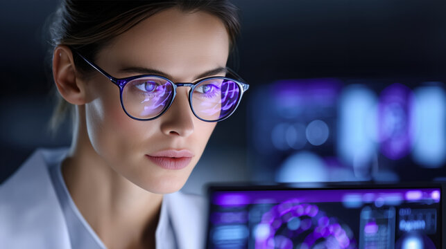 Focused young woman wearing glasses analyzes futuristic digital data on glowing screens in a high-tech environment. Reflections of purple interface graphics highlight a professional and modern technol