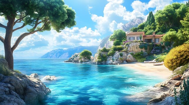 Scenic Seaside Villa Nestled on Lush Coastline with Azure Waters and Verdant Trees under Bright Blue Sky Calm Sea Tranquil Beachfront Retreat Picturesque Landscape Vacation