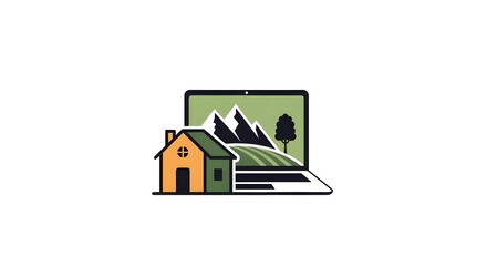 a laptop displaying a rural landscape on the screen, with a small house next to it.