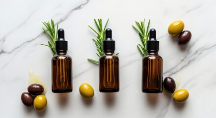 Natural Essential Oil Bottles with Rosemary and Olive for Skincare and Aromatherapy