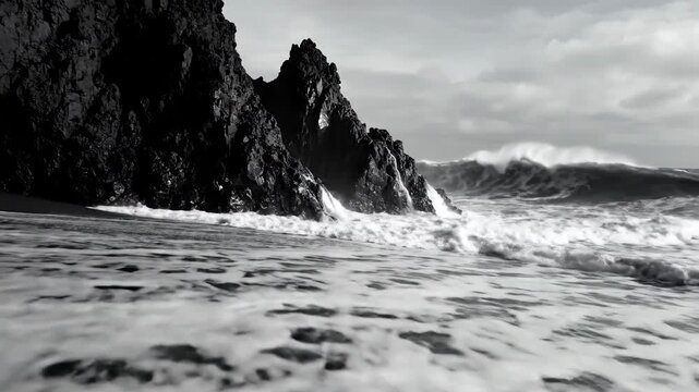 Dramatic ocean waves crashing against a rocky cliffside