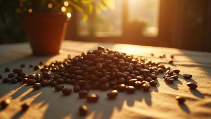 Coffee beans on linen tablecloth. 