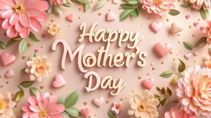 Colorful floral arrangement with pink flowers and hearts, celebrating Mother's Day. Text reads 'Happy Mother's Day' in elegant script.