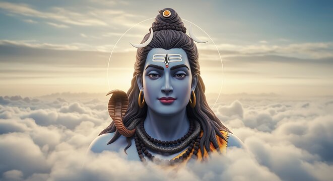 Happy Sawan Somvar loard Shiva, depicted with a serene expression and closed eyes. His skin is a deep blue, and his long, flowing hair is a mix of brown and white. He has a third eye on his forehead