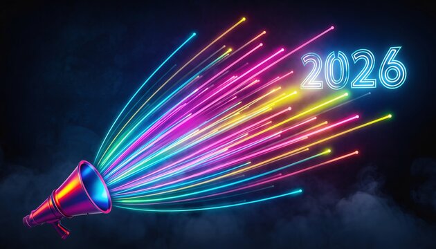 Vibrant neon party horn exploding with rainbow light streams announcing 2026 celebration against dark cosmic backdrop