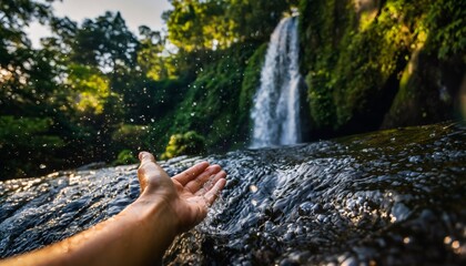 Hand reaching toward cascading waterfall with sparkling droplets illuminated by golden forest sunlight