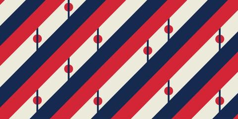 Obraz premium A repeating pattern of diagonal red white and blue stripes with red circles and thin black lines