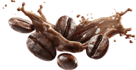 Rich coffee beans splash into creamy liquid, dynamic beverage concept