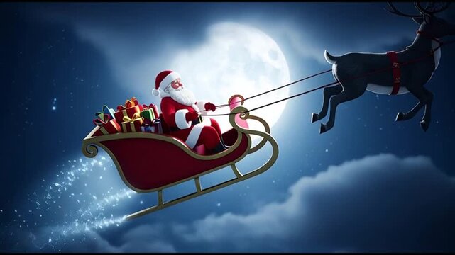 Santa Claus riding sleigh with reindeer flying in night sky with full moon