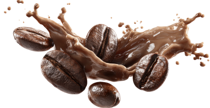 Rich coffee beans splash into creamy liquid, dynamic beverage concept