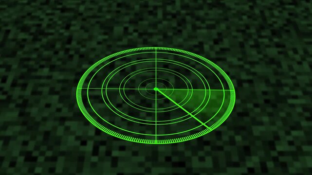 Close-up of a Green Radar Display with Circular Scan Lines and Pix elated animated Background screen. Circular scan lines pulse dynamically on green radar close-up, creating sleek animation .