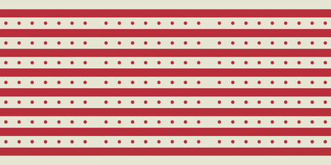 A repeating pattern of red stripes and small dots on a beige background creating a simple design