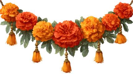 Decorative marigold garland used in Diwali and Dussehra festival vector PNG style isolated on white background