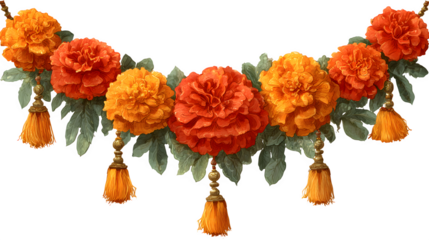 Decorative marigold garland used in Diwali and Dussehra festival vector PNG style isolated on white background
