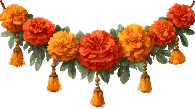 Decorative marigold garland used in Diwali and Dussehra festival vector PNG style isolated on white background