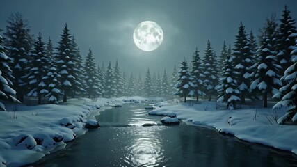 Moonlit Winter River Path Through Snow-Covered Pine Forest Under the Full Moon - Powered by Adobe