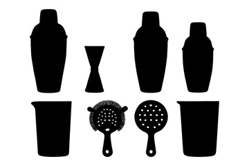 Silhouette collection of bartender tools including shaker and strainer.
