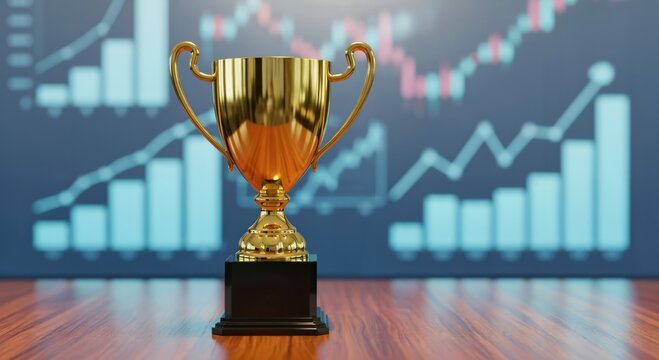 Golden Trophy on Wooden Table with Financial Graphs Background for Achievement and Success Recognition