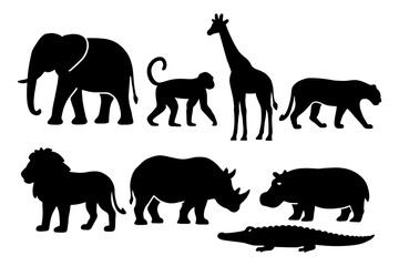 Fototapeta premium Silhouettes of iconic african safari animals in black and white.