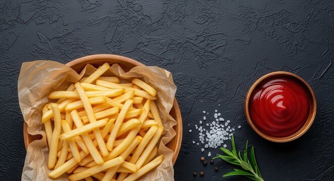 French fries served with ketchup and salt isolated PNG with Transparent Background