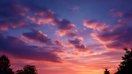 Obraz premium Dramatic sunset clouds paint the twilight sky with vibrant hues of pink purple and orange over silhouetted trees