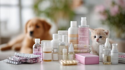 Kitten explores a collection of pet care products with a dog in the background