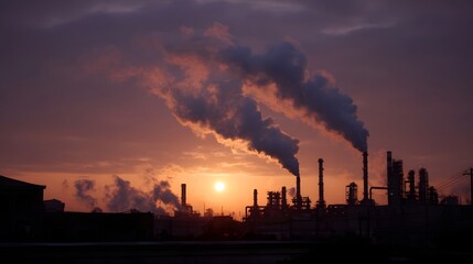 Industrial factory silhouette at dusk emitting plumes of smoke into a dramatic colorful sunset sky