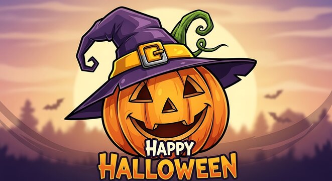Cartoon pumpkin with witch hat and happy halloween text over sunset