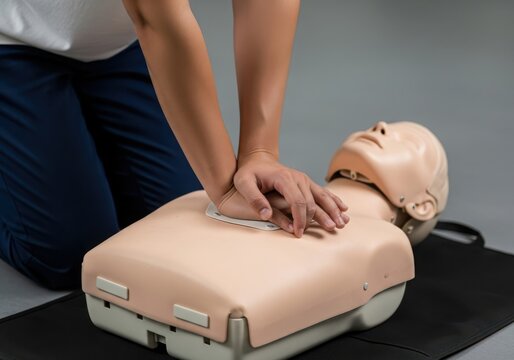 Person practicing cpr on a training dummy, demonstrating chest compressions for emergency medical response training