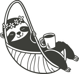 Naklejka premium Cute sloth relaxing in a hammock with a cup of coffee