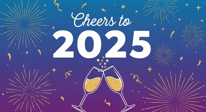 Celebrate new beginnings with sparkling champagne and vibrant fireworks, toasting to a bright and joyous 2025!