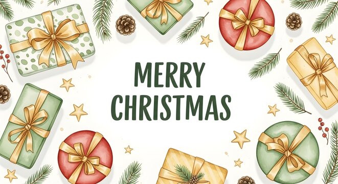 Merry Christmas Greeting with Gift Boxes and Festive Decorations