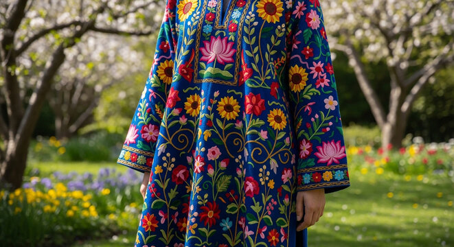 Stunning traditional embroidered blue kurti explodes with vibrant floral motifs and elegant craftsmanship, perfect for cultural fashion showcases.