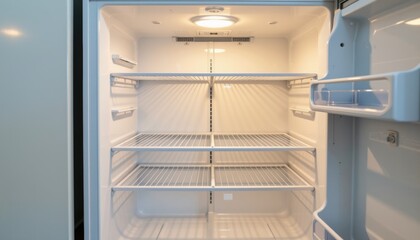 Empty refrigerator interior with shelves and lighting.