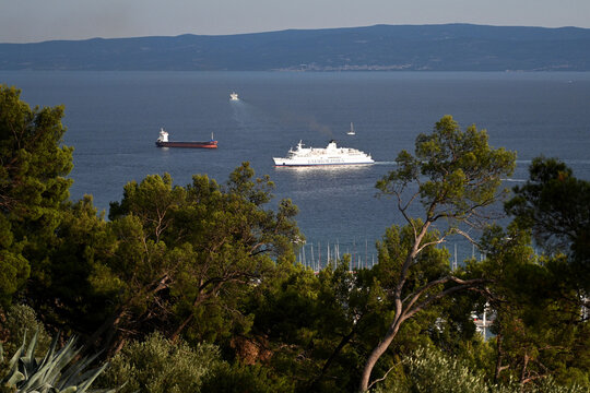 Split, Croatia - August 23, 2025: Ferry Jadrolinija sailing into port in port of the city of Split in Croatia.