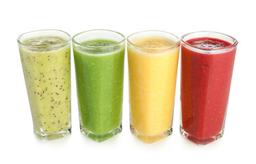 Yummy smoothies of different flavors in glasses isolated on white