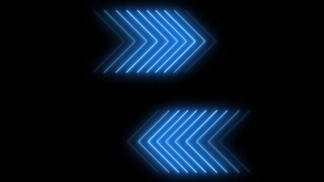 Two Sets of Neon Blue Chevron Arrows Pointing Towards Each Other on a animation, arrows pointing inward emphasize guidance, movement, and animated tech interface visuals on black background.