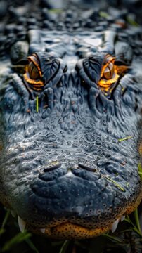 A close-up shot of an alligator's head featuring a butterfly perched on its nose