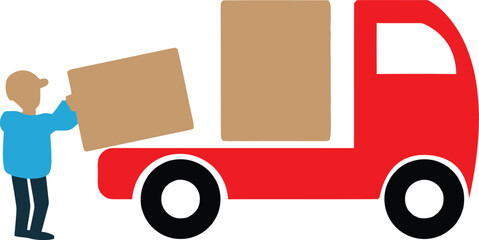 Delivery Man Loading Cardboard Boxes onto a Red Truck