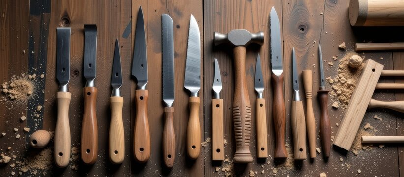 Collection of various woodworking tools arranged on a wooden surface.