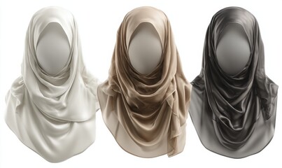 Three silk hijabs in white, beige, and gray colors.