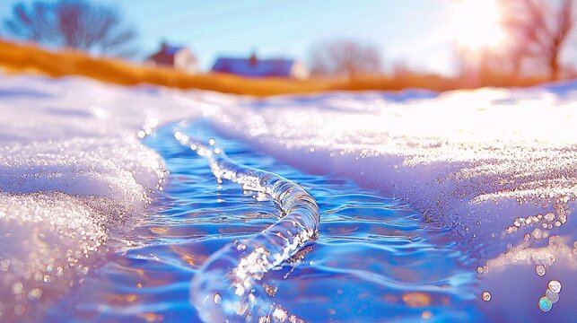 A close-up view of a clear ice tube forming in a stream of water as it flows through snow, with a blurred background of a sunny winter landscape.