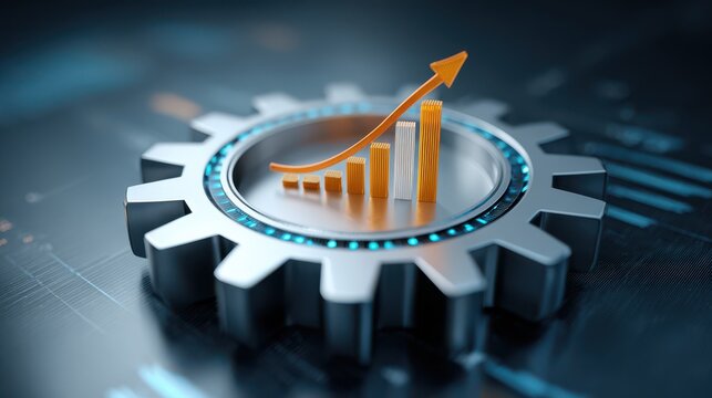 Closeup of a silver gear with a bar graph and arrow pointing upwards, symbolizing business growth and success