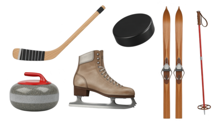Assortment of winter sports equipment including a hockey stick, puck, ice skates, curling stone, skis, and poles isolated on transparent background.