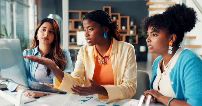 Creative, team and women with laptop, office and planning for design project, discussion and online. Talking, graphic designer and colleagues with tech for brand identity, collaboration and paperwork - Powered by Adobe